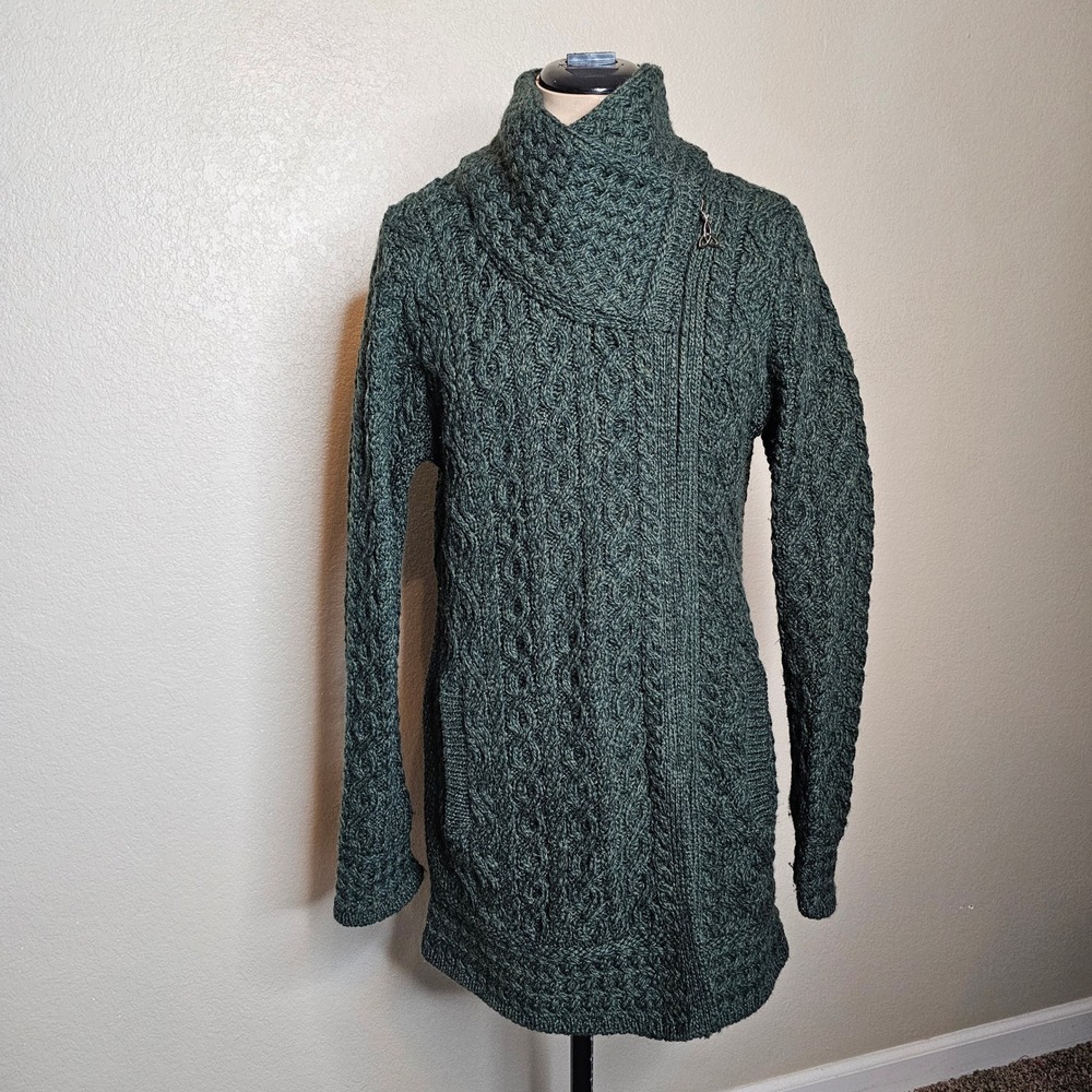 NWOT Aran Crafts Irish Merino Wool Side Zip Cardigan Sweater Coat Green Small - Picture 2 of 9